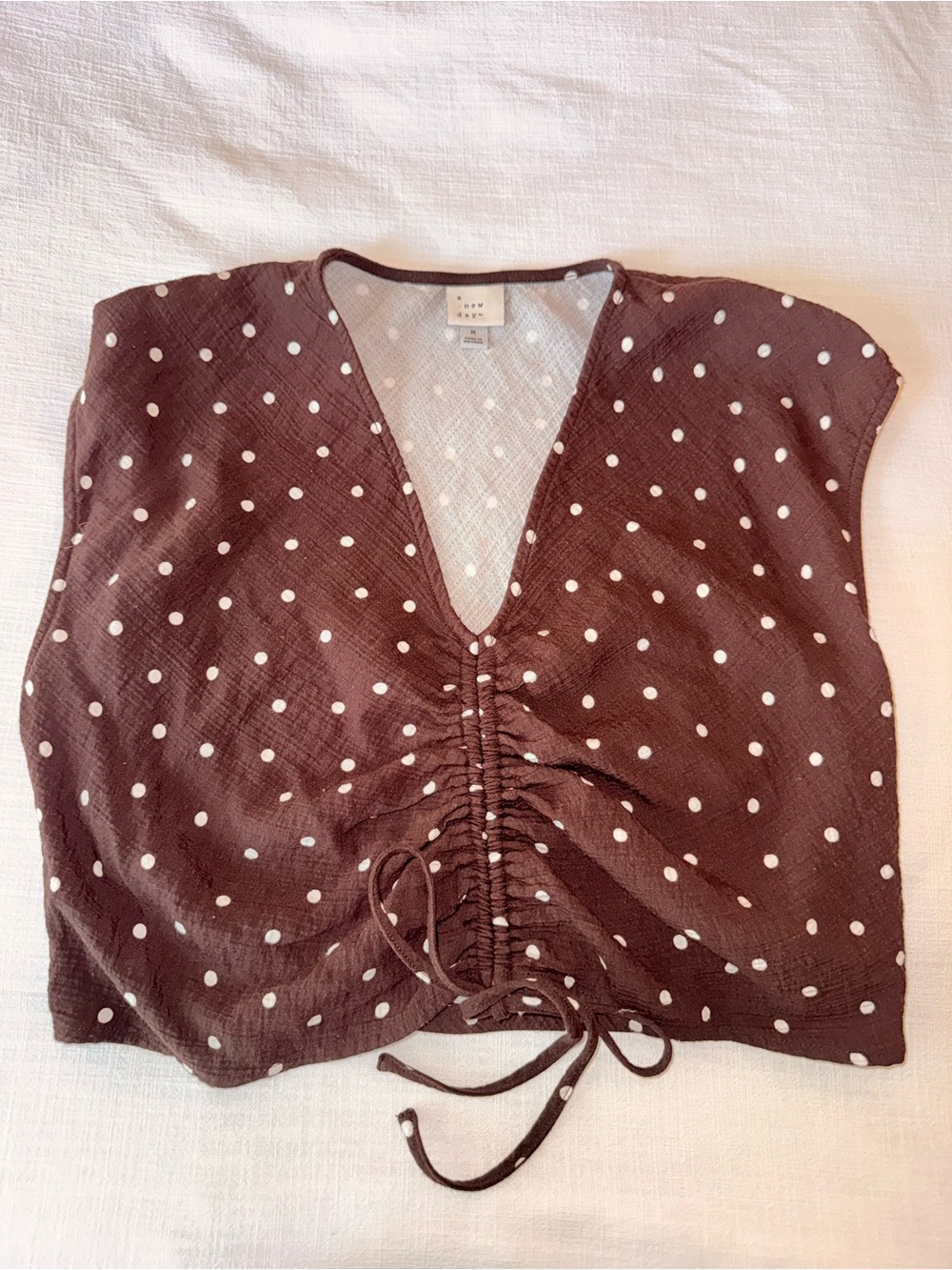 a new day Brown Polka Dot V-Neck Drawstring Sweater Top